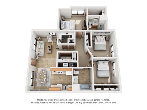 Floor plan for 3 beds, 2 baths, 1060 sqft